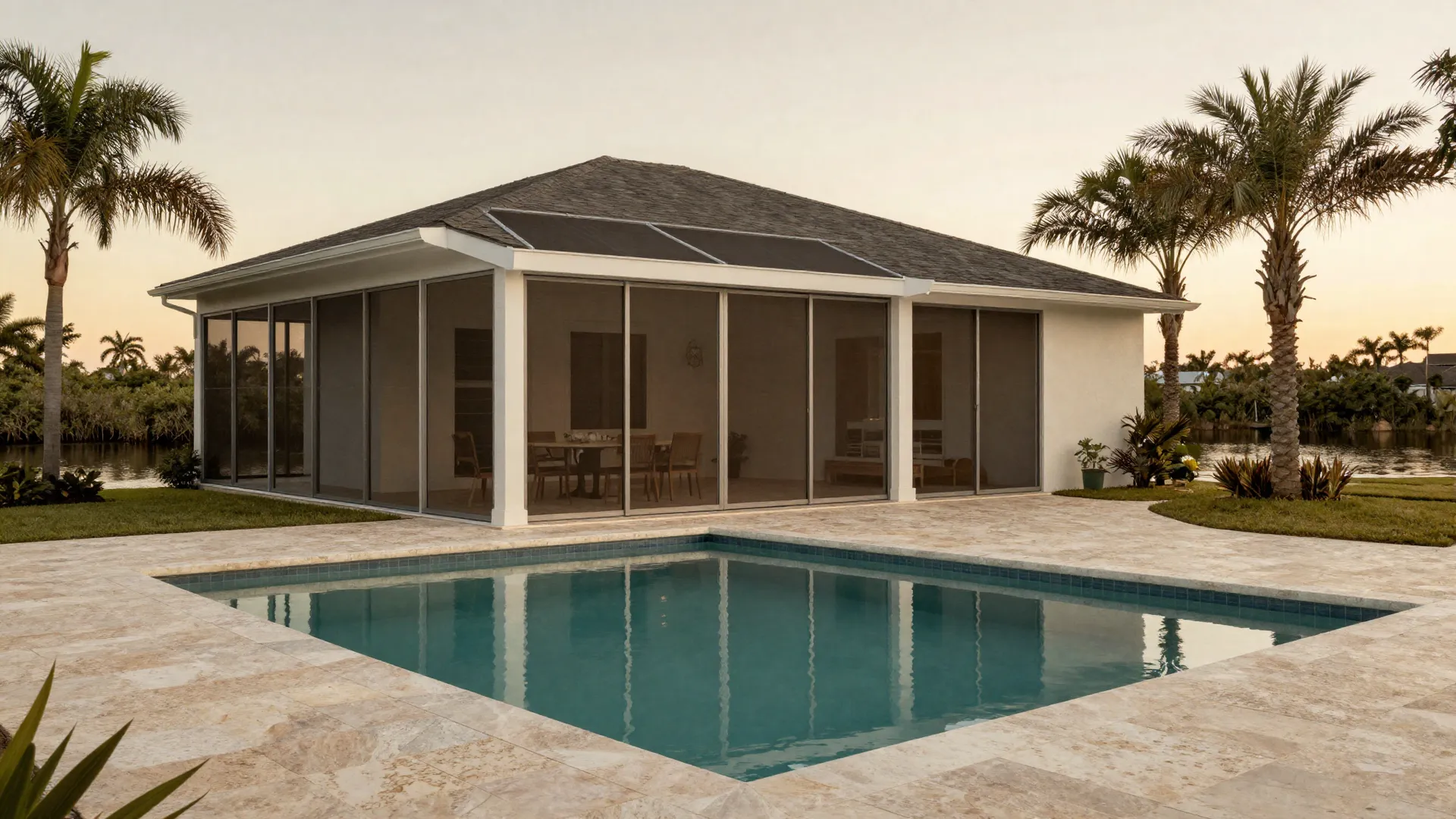 Screened aluminum pool cage over a pool and travertine deck at dusk beside a Charlotte County canal